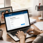 Person typing passport renewal application with laptop screen glowing and desk and natural light pouring in and coffee mug