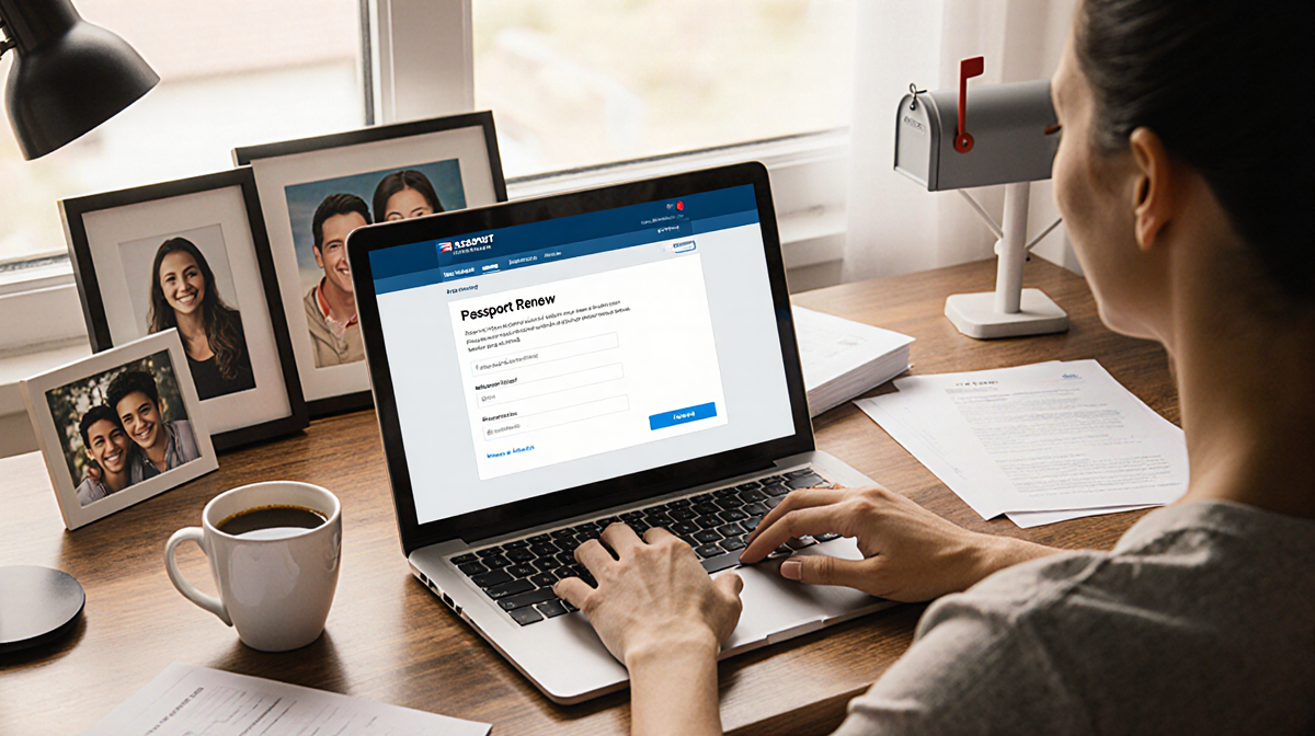Person typing passport renewal application with laptop screen glowing and desk and natural light pouring in and coffee mug