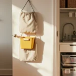 Organized living room shows tidy storage bins with colorful over-door organizer and neat pantry shelves glowing in natural li