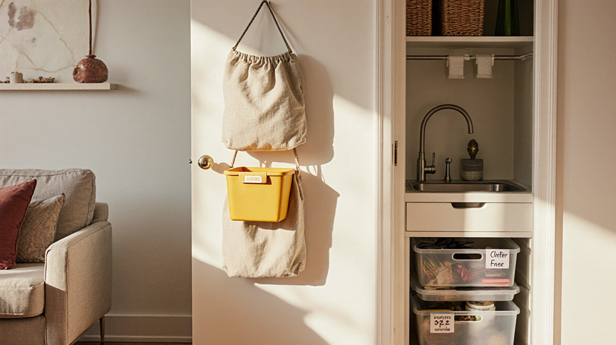 Organized living room shows tidy storage bins with colorful over-door organizer and neat pantry shelves glowing in natural li