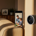 Home security camera displays a family cooking with soft golden light in a cozy living room corner