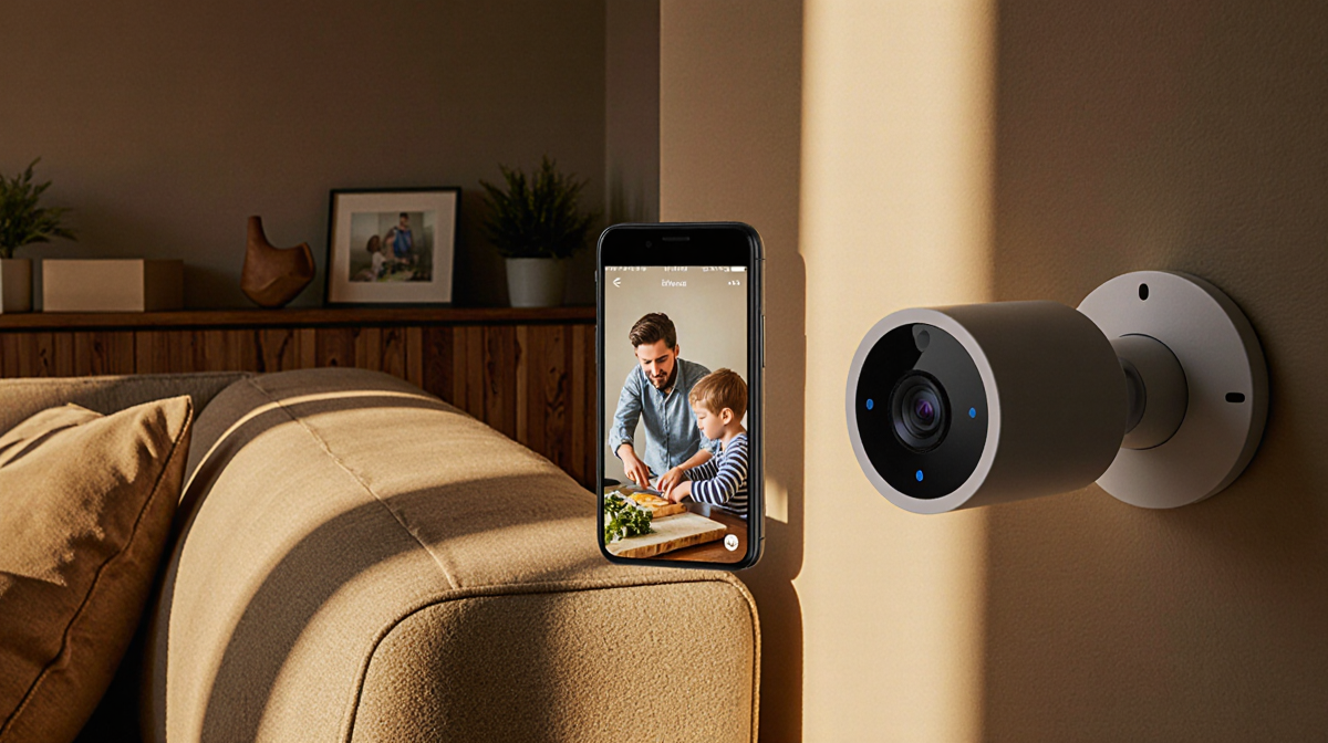 Home security camera displays a family cooking with soft golden light in a cozy living room corner