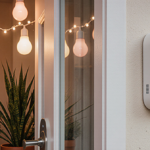 Home security front door welcomes with motion sensor and tinkly bell surrounded by potted plants and cozy fairy lights