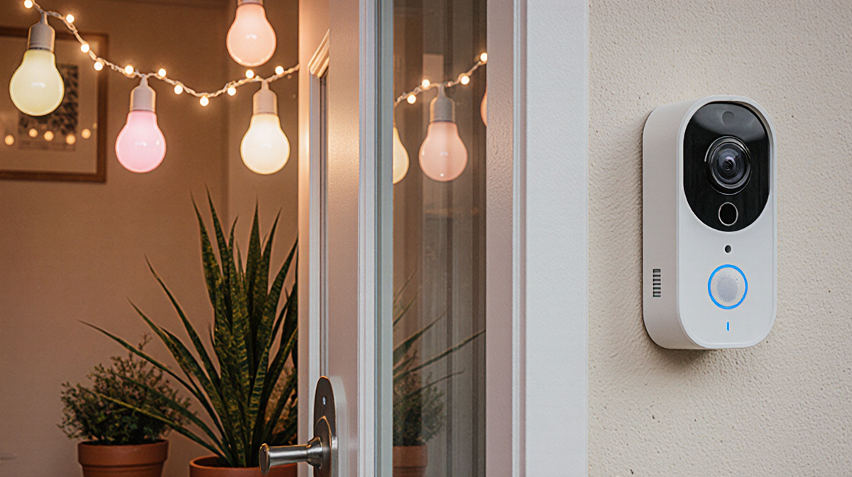 Home security front door welcomes with motion sensor and tinkly bell surrounded by potted plants and cozy fairy lights