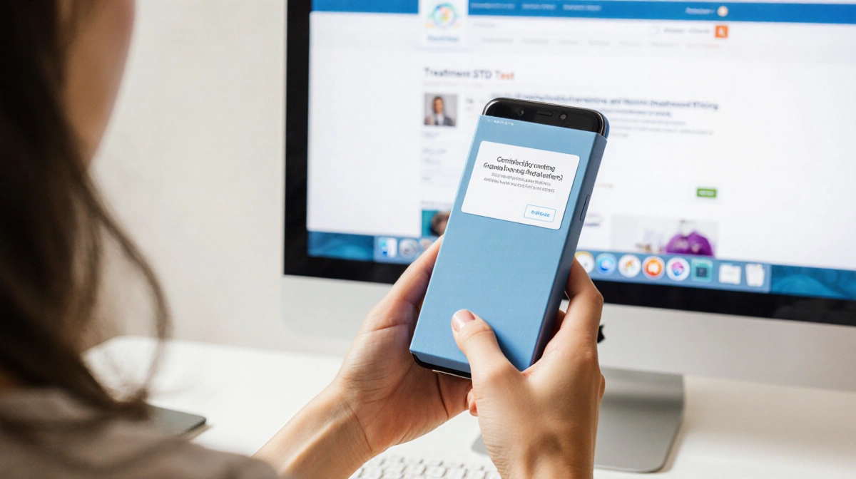 Woman holding at-home STD test kit with smartphone showing positive result and computer displaying treatment resources