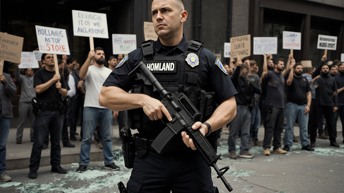 Homeland security officer stands with hand on firearm and bulletproof vest showing while protesters hold signs behind broken 