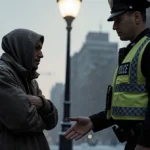 Police officer offers help to shivering homeless man with reflective vest and winter sky behind