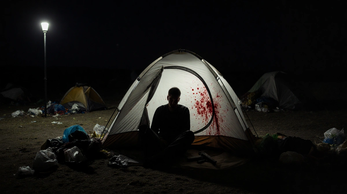 Man slumped against tent entrance with bloodstains and gun nearby showing homeless crime scene