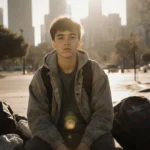 Young homeless person sitting on bench with worn clothing and scattered belongings near Los Angeles skyscrapers