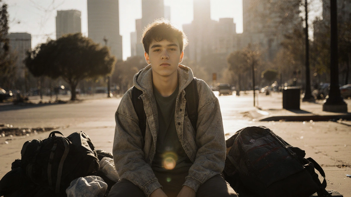Young homeless person sitting on bench with worn clothing and scattered belongings near Los Angeles skyscrapers
