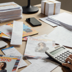 Person calculating tax with calculator and receipts on cluttered desk.