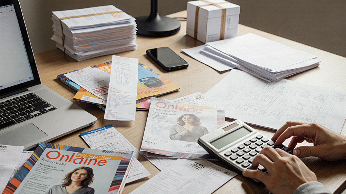 Person calculating tax with calculator and receipts on cluttered desk.