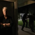 Homeowner standing guard at front door with porch light illuminating two burglars fleeing into darkness
