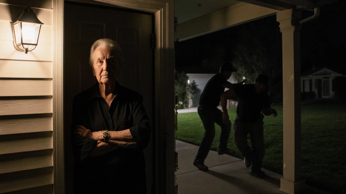 Homeowner standing guard at front door with porch light illuminating two burglars fleeing into darkness