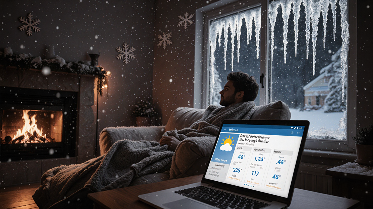 Homeowner sits on couch with blanket and fire glow while laptop displays blizzard warning near snow-covered windows