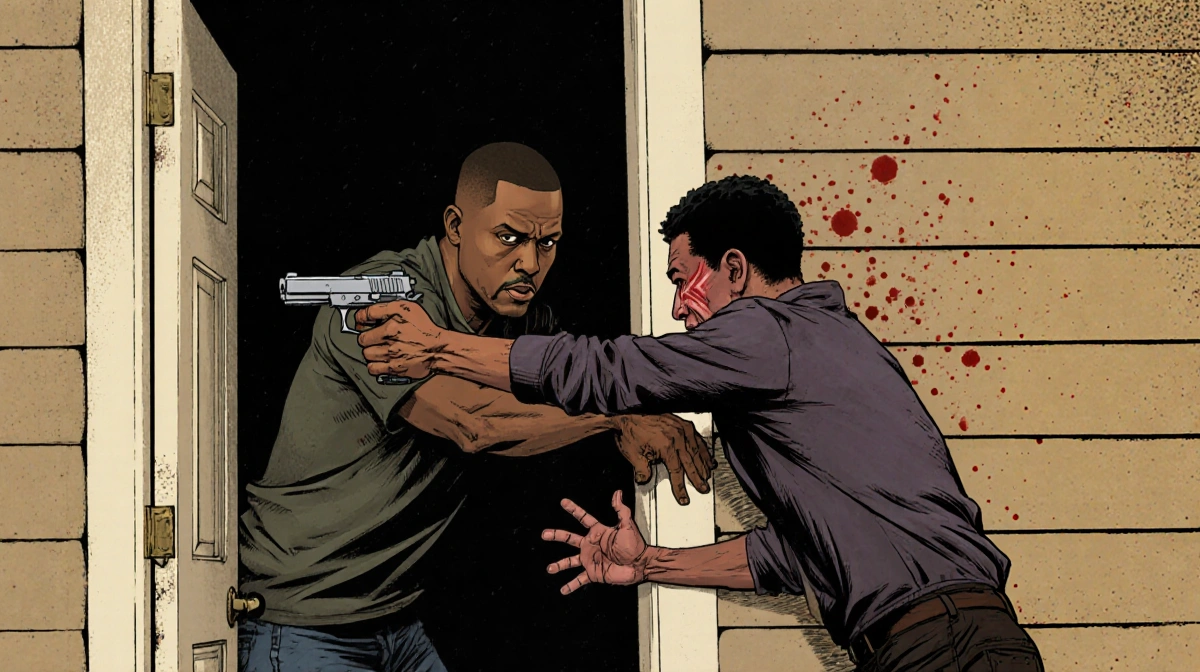 Homeowner holding gun against intruder with shocked expression showing self defense situation