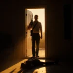 Homeowner stands in doorway with shotgun while intruder lies on porch showing home invasion aftermath