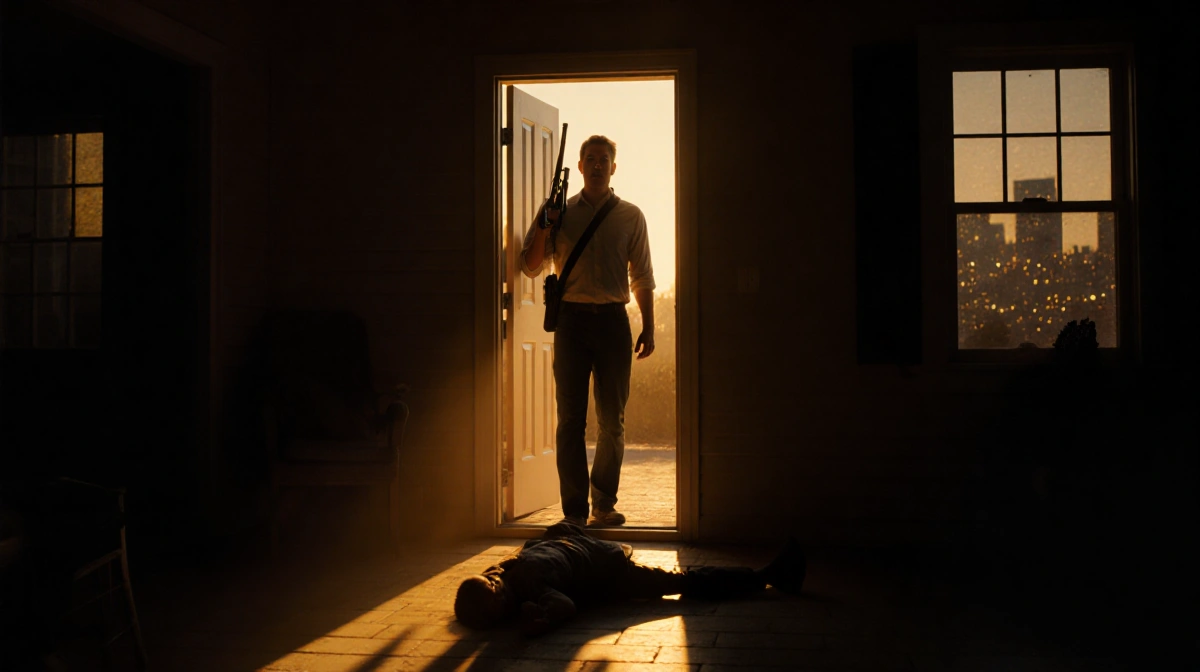 Homeowner stands in doorway with shotgun while intruder lies on porch showing home invasion aftermath