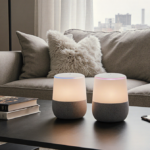 Living room glows with HomePods on coffee table and soft natural light pouring through window