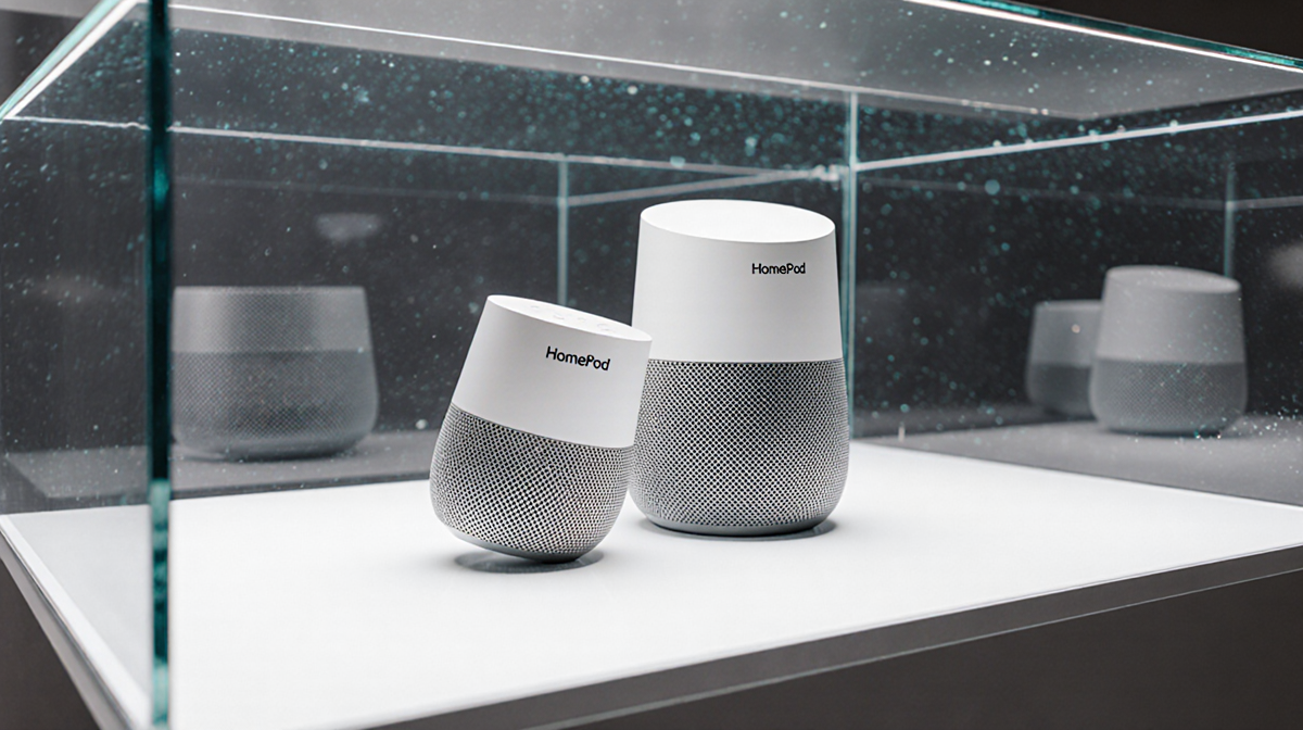 HomePod Mini and HomePod leaning side by side on a shelf with subtle Apple branding and a clean neutral background