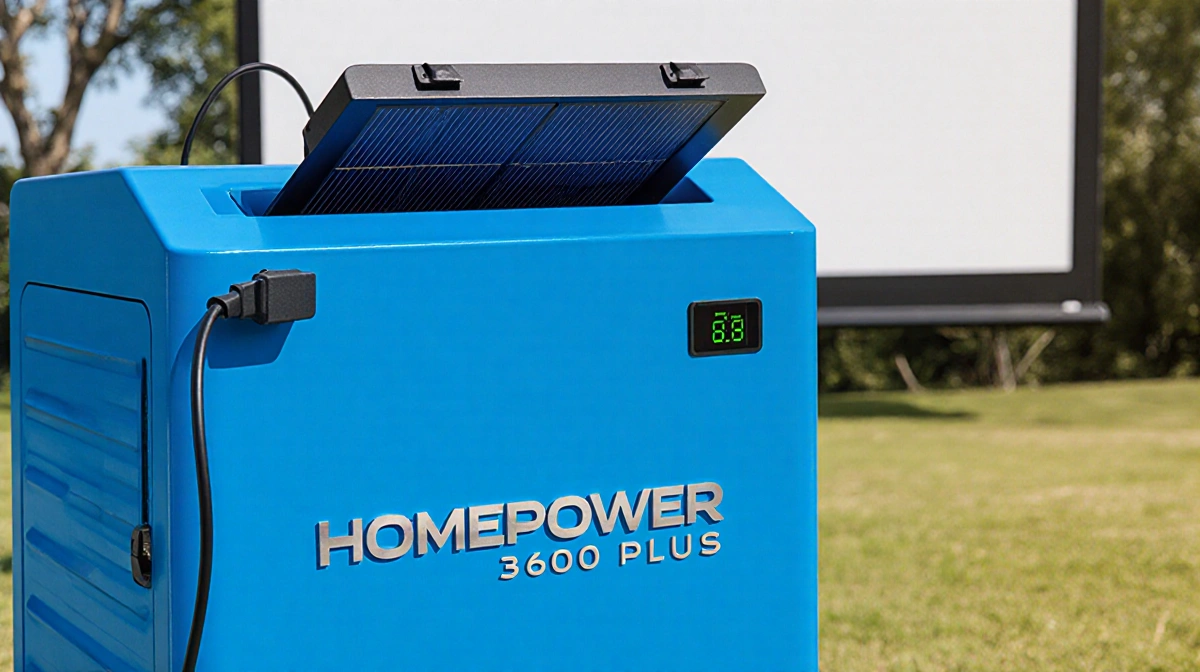 HomePower 3600 Plus solar generator powering projector with blue background and battery level showing
