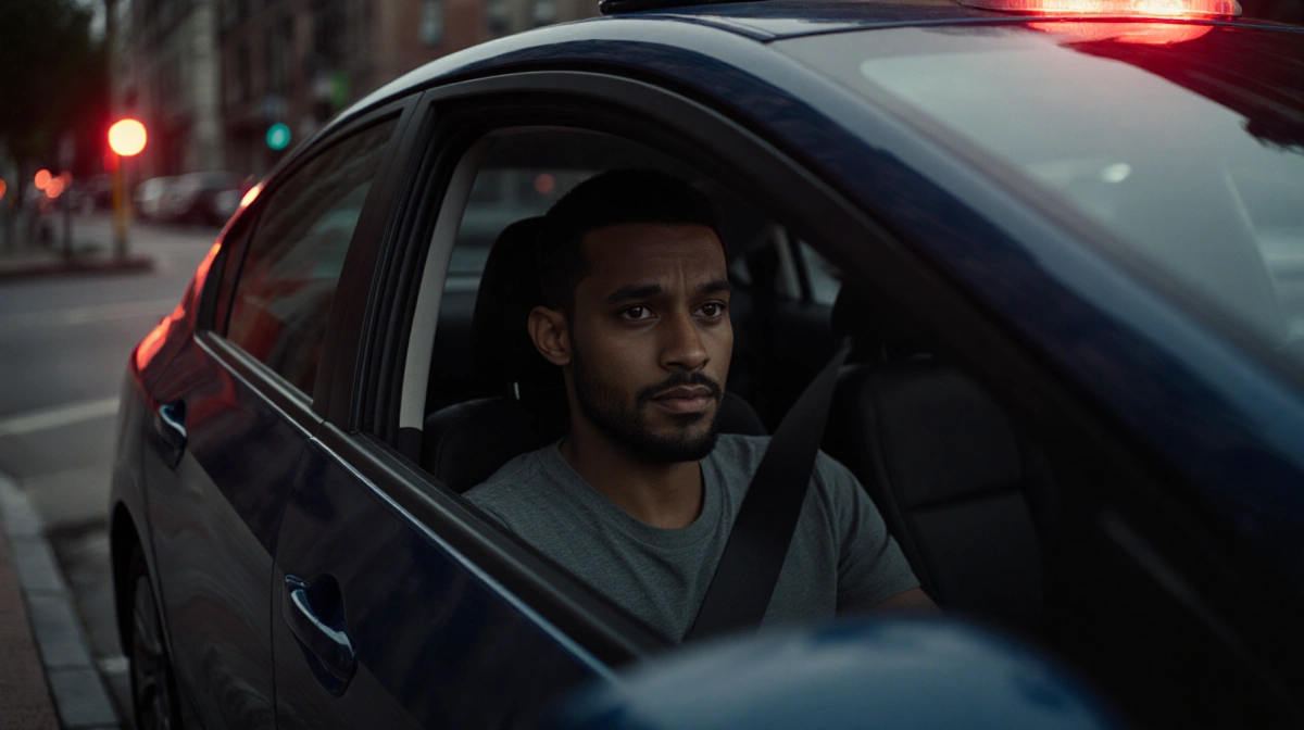 Ryan Rampersaud sits calmly in Honda Civic with hazard lights on and driver door slightly open