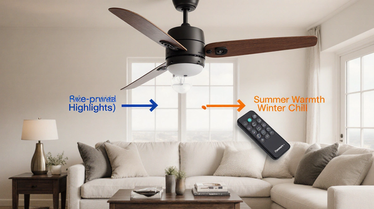 Honeywell ceiling fan spinning quietly with reversible blades showing summer and winter settings and remote nearby