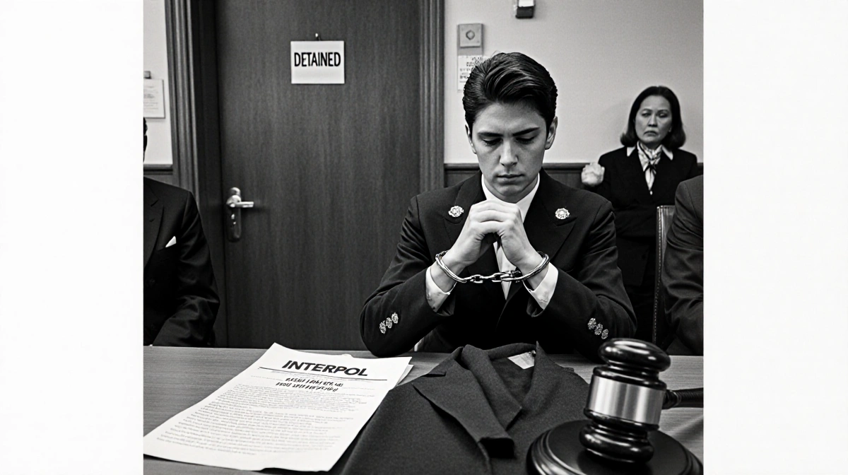 Handcuffed detainee sits at courtroom table with head down and detained sign on door showing federal arrest