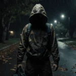 Hooded figure clutches camera bag with drizzle falling and suburban street lights glowing behind