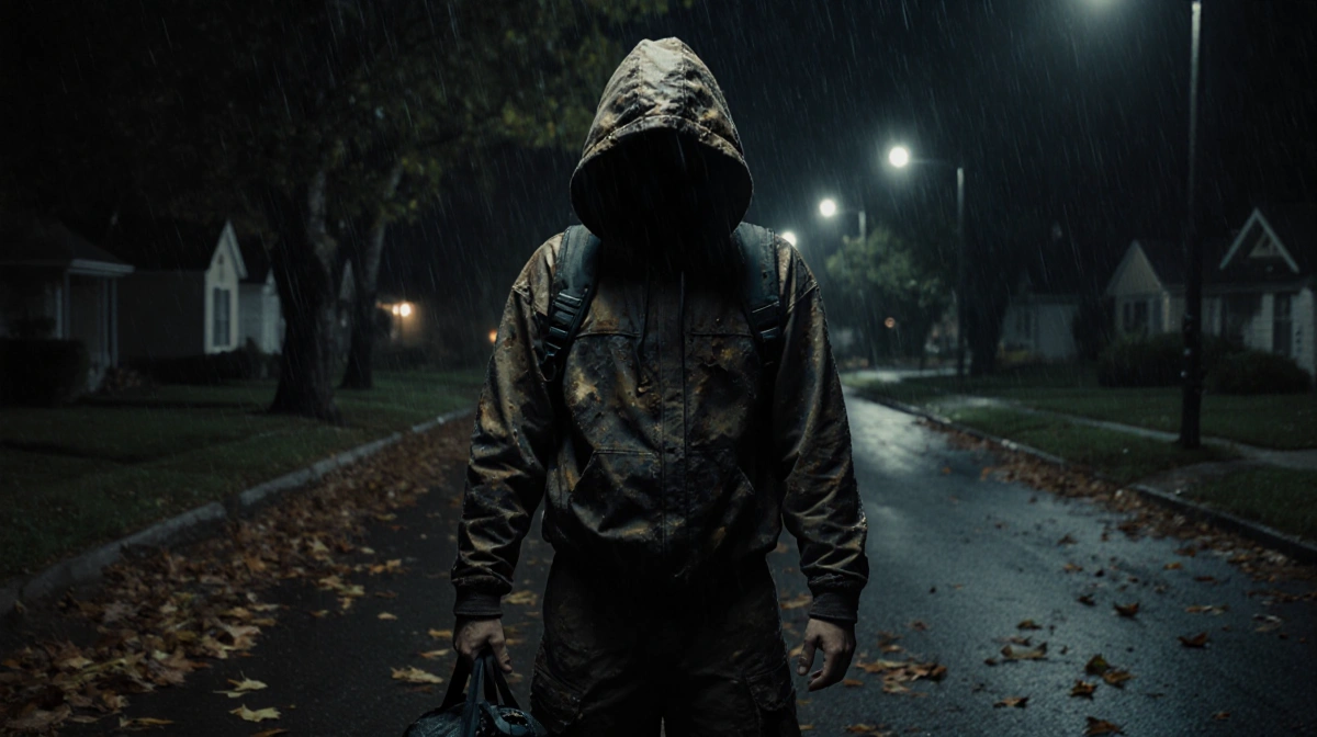 Hooded figure clutches camera bag with drizzle falling and suburban street lights glowing behind