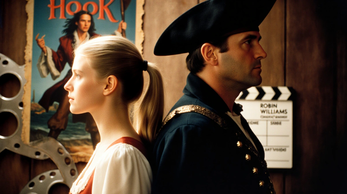 Gwyneth Paltrow and Robin Williams stand back to back with Hook reel in front and 1991 poster behind nostalgic cinema