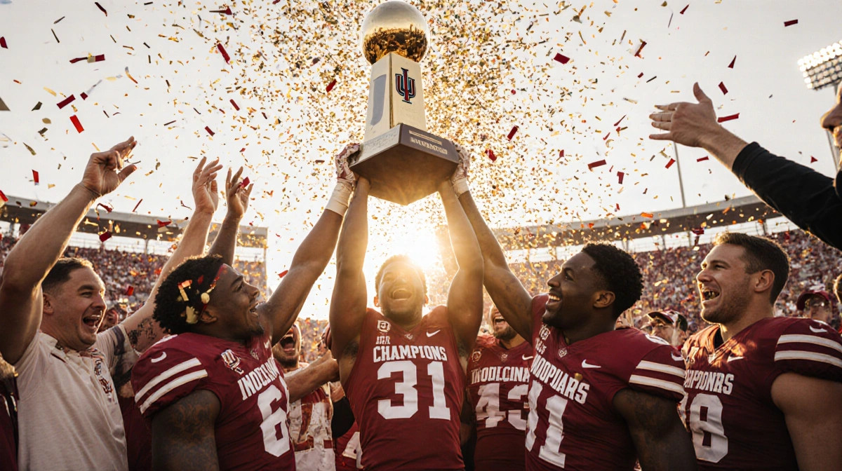 Hoosiers players lift championship trophy with cheering crimson and cream fans and sunset glow over IU Stadium