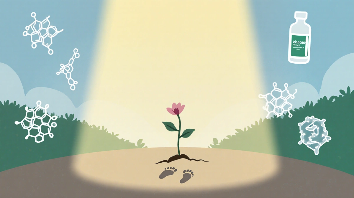 A delicate sprout grows from soil with golden light and therapy bottles nearby showing hope