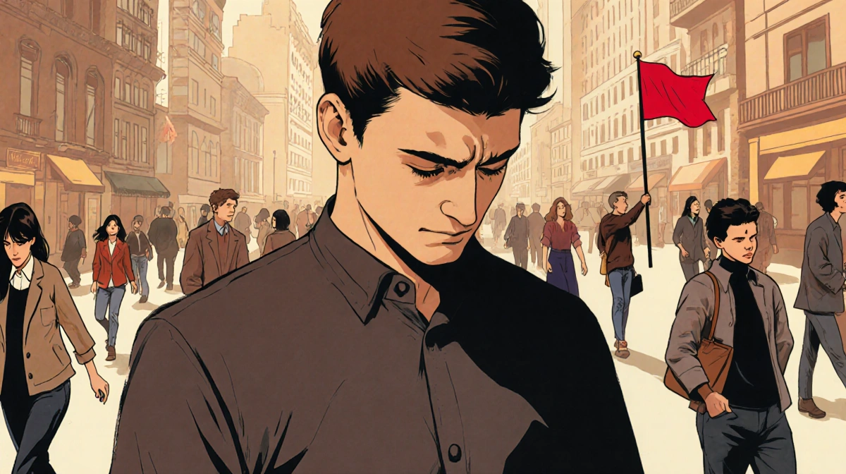 Person standing alone on busy city street with red warning sign visible behind and worried expression