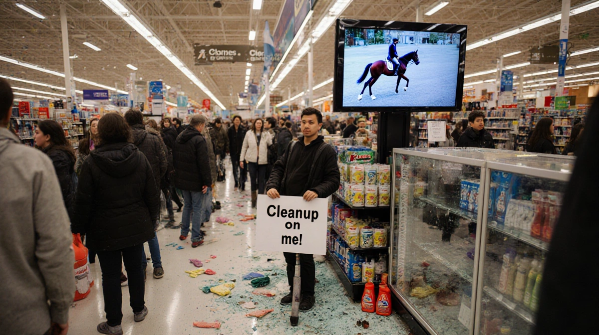 Person holding cleanup sign stands near broken store display with viral horse riding video playing on background TV
