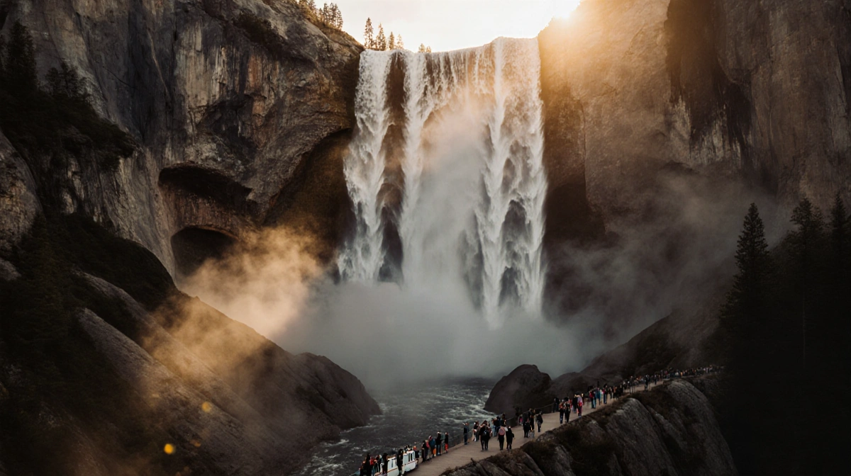Horsetail Fall cascades down rocky cliffs with golden sunrise light illuminating mist and tourists watching in awe