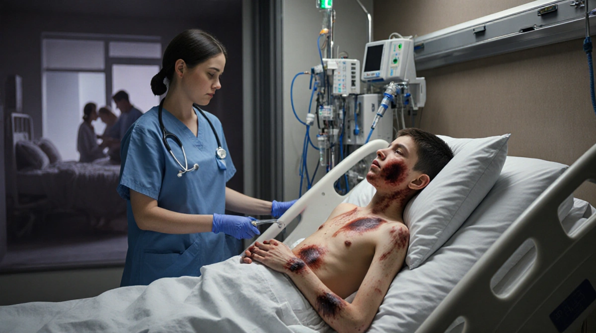 A young boy lies in hospital bed with visible injuries and medical equipment while a doctor stands nearby with concern