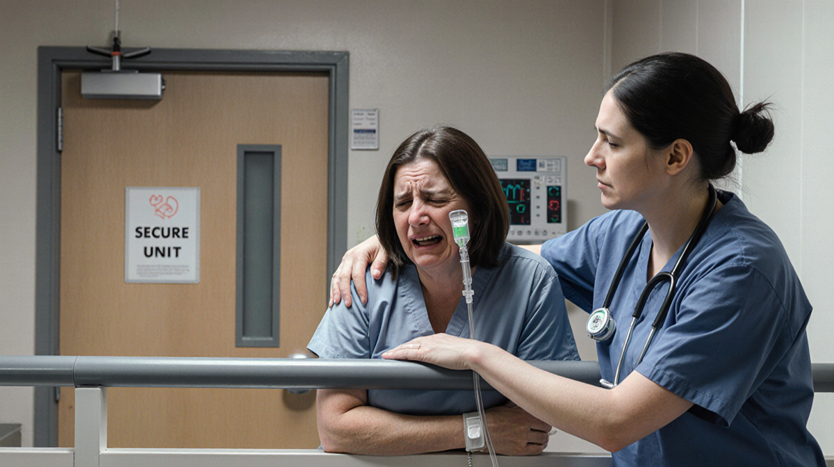 Woman being supported by medical staff on hospital balcony with secure unit door and IV tubing