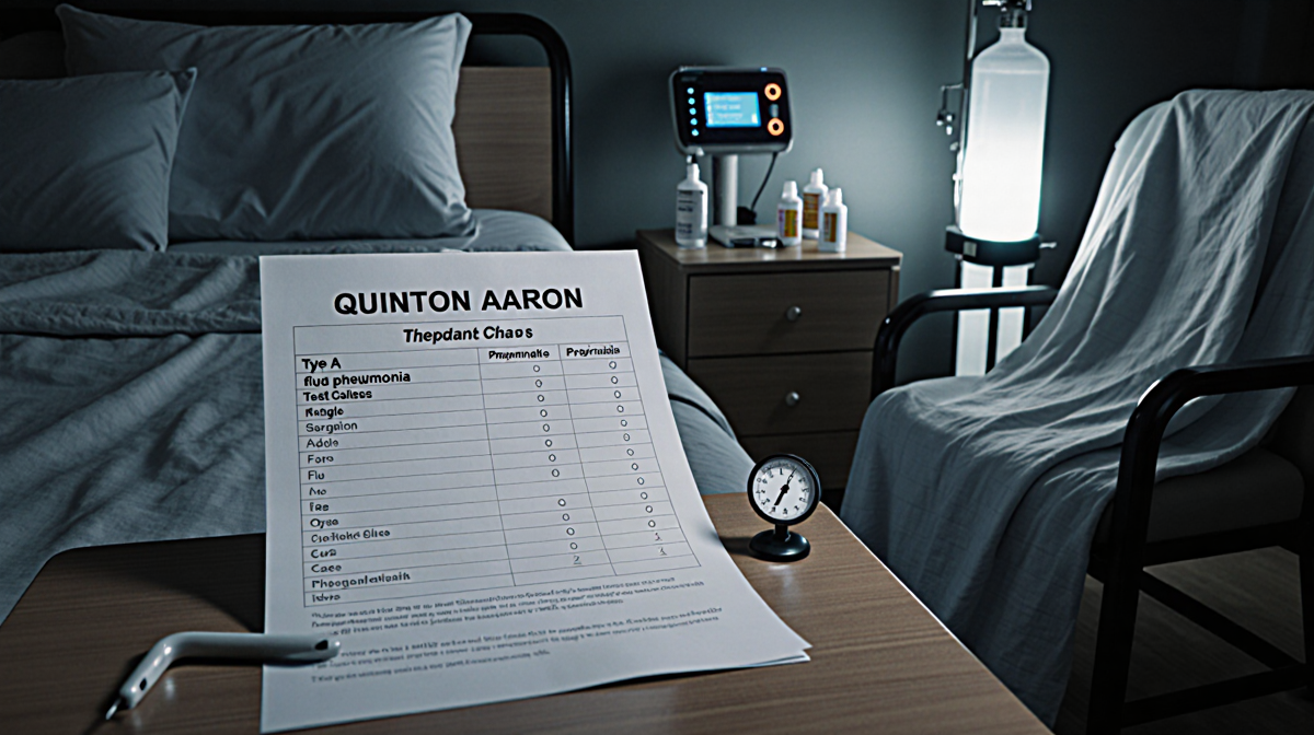 Hospital bed showing chart with patient name and test results for Type A flu and pneumonia near a dimly lit oxygen tank