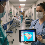 Nurse holding tablet with measles outbreak map South Carolina in hospital corridor and patients being wheeled into isolation