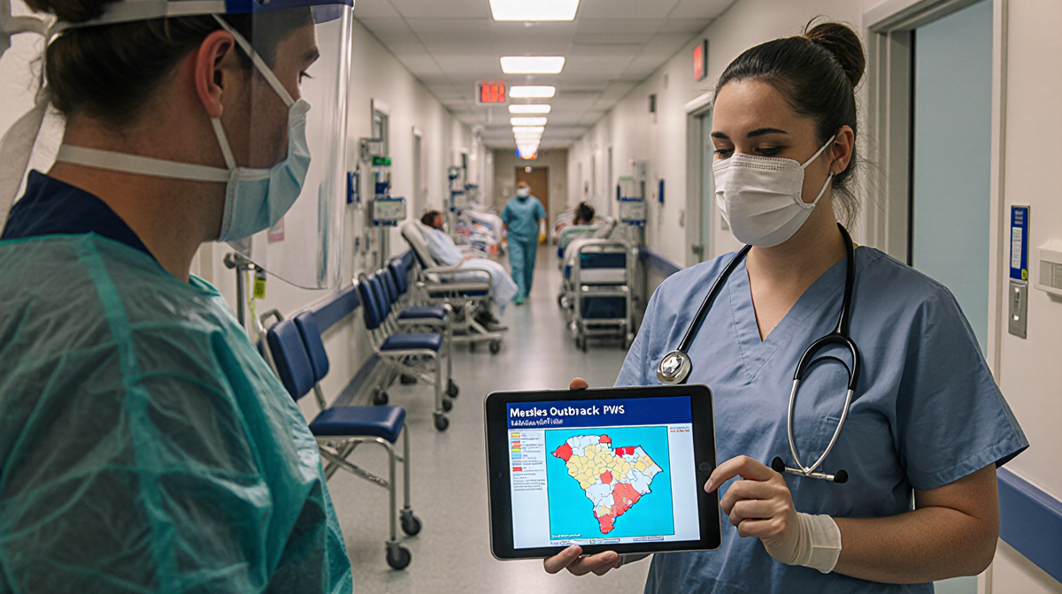 Nurse holding tablet with measles outbreak map South Carolina in hospital corridor and patients being wheeled into isolation