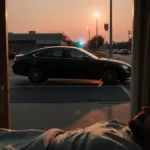 Hospital bed on sidewalk near abandoned black car with police light flashing under orange dusk sky