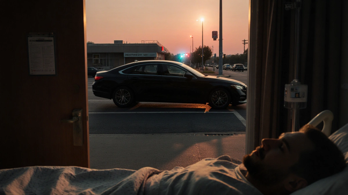 Hospital bed on sidewalk near abandoned black car with police light flashing under orange dusk sky
