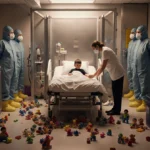 Healthcare worker holding child’s hand with warm lighting in busy hospital ER