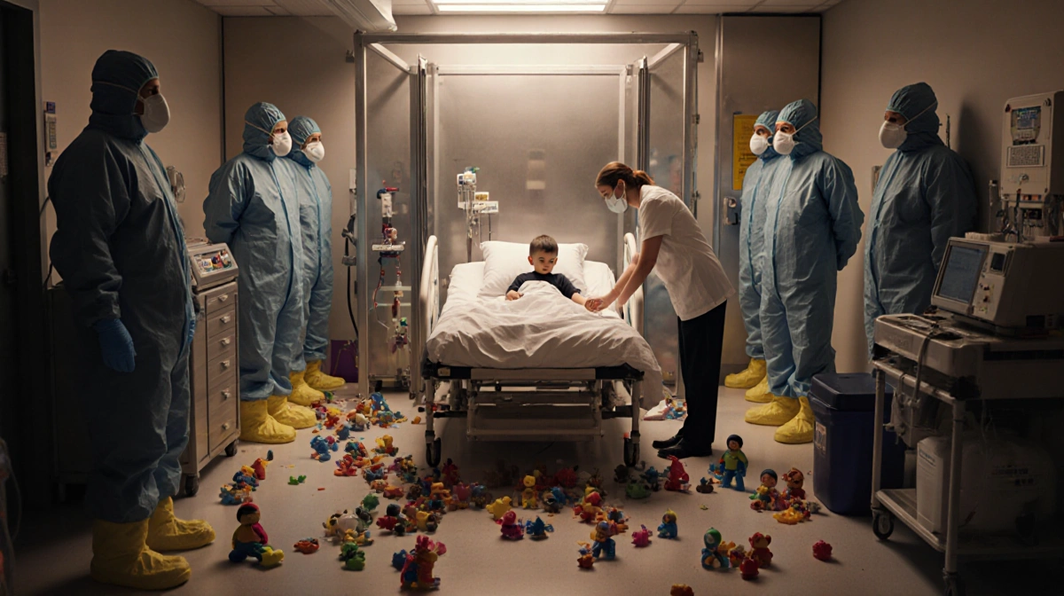 Healthcare worker holding child’s hand with warm lighting in busy hospital ER