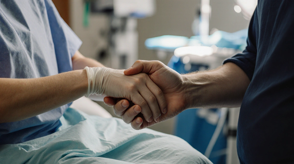Woman holds husband's hand with hospital gown showing and medical equipment nearby