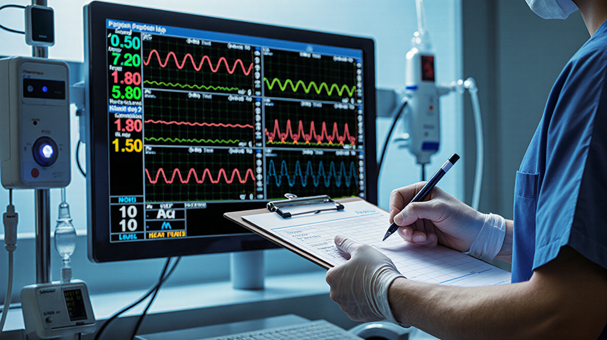 Medical hand holding clipboard with patient chart with vital signs screens in dim blue hospital background