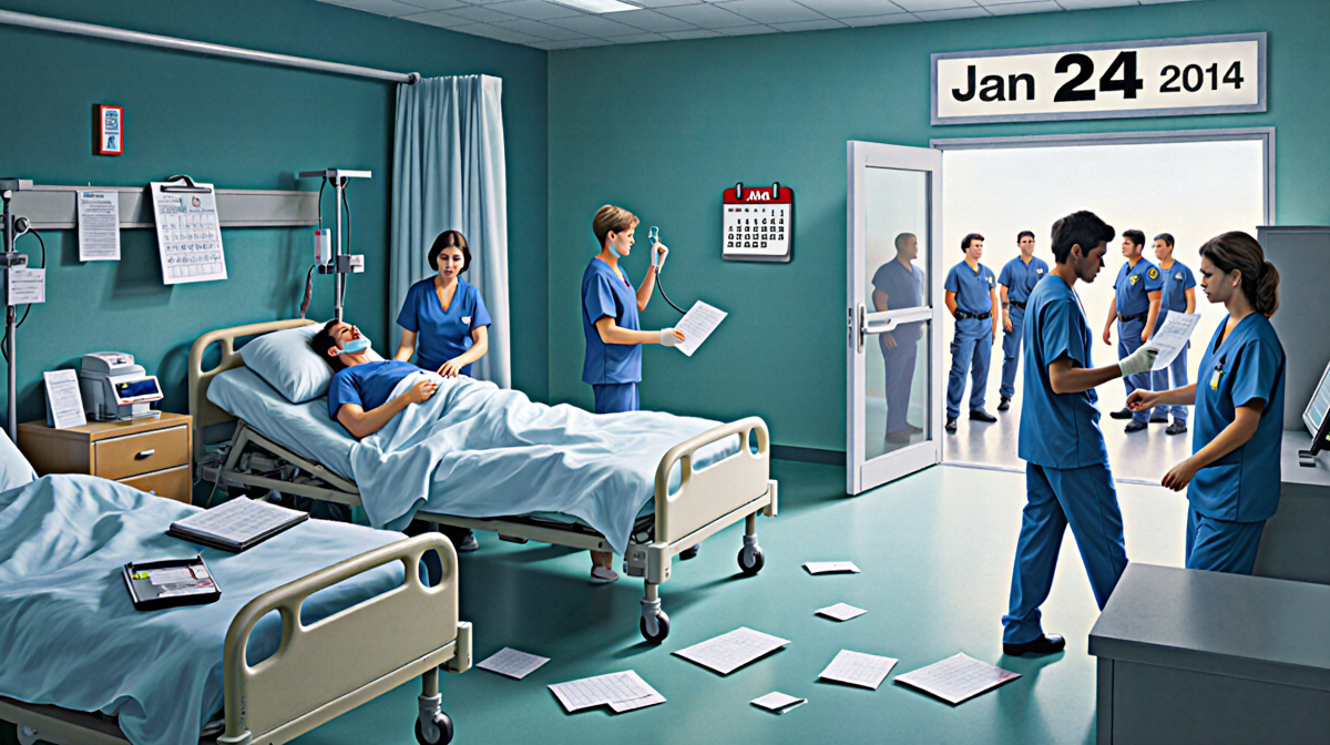 Medical staff tending patients in a hospital room with a lifeless body on the second bed and a bandaged patient receiving oxy