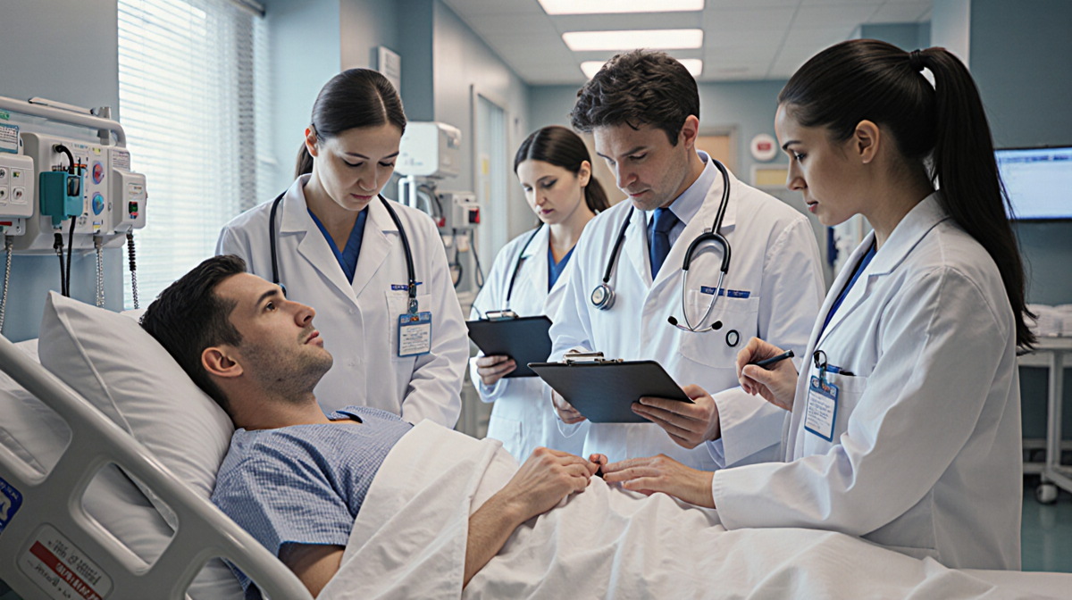 Doctors in white coats working with a patient at bedside station and clipboard notes in calm muted hospital interior