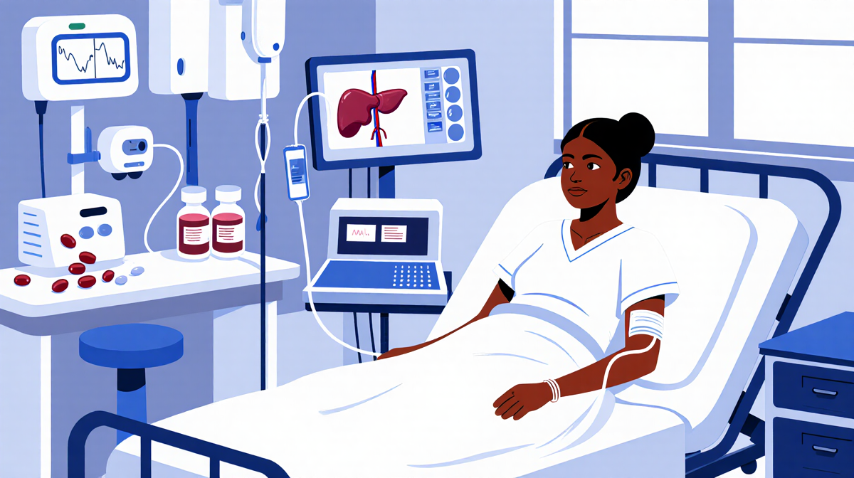 Chathyoka sits on a medical bed receiving a blood transfusion with an IV line and a subtle enlarged spleen in a hospital lab